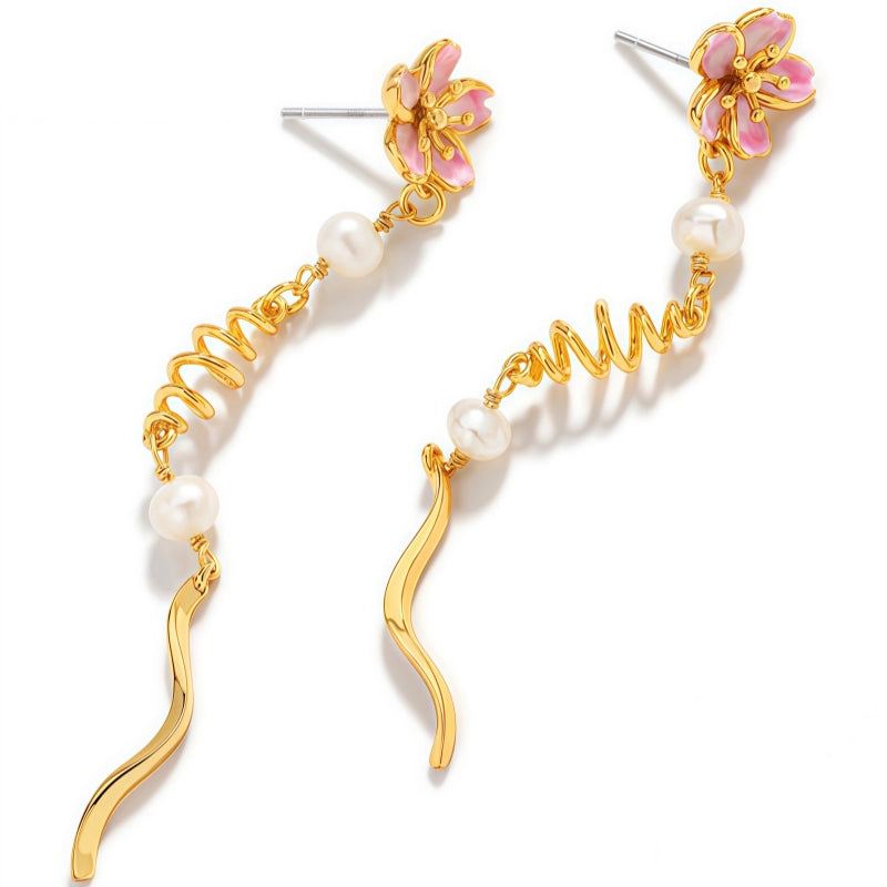 Enamel Cherry Blossom Pearl Earrings, Spiral Long Earrings
