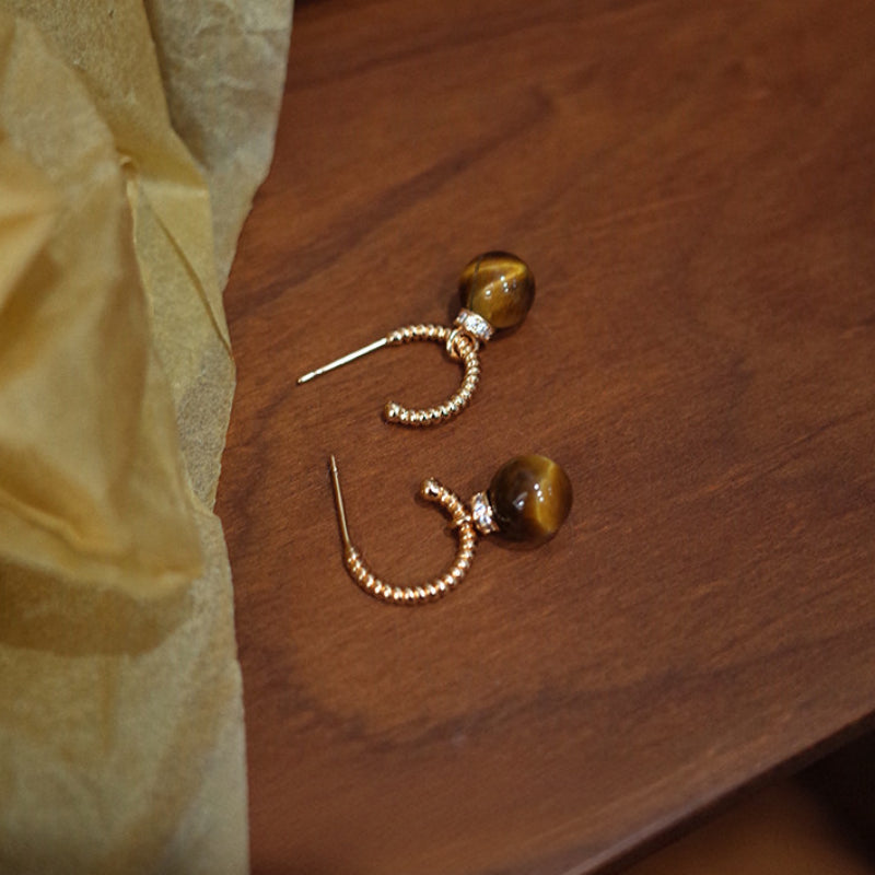 C-Shape Tiger Eye Two-Wear Earrings, Niche Vintage Maillard Crystal Jewelry for Wealth