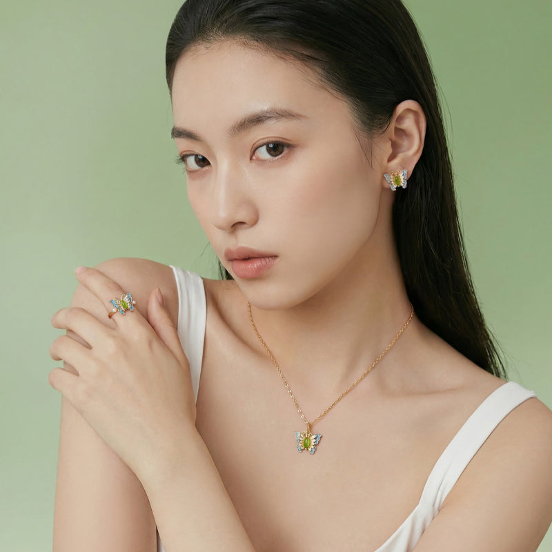 Hetian Jade Butterfly Necklace Ring Earrings Jewelry Set - stands for purity