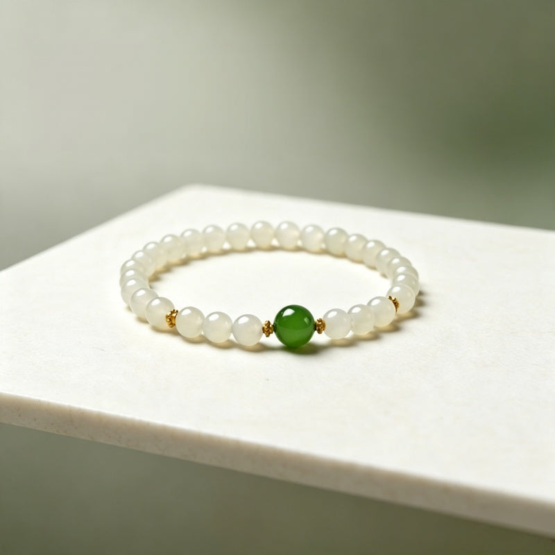 Natural Hetian White Jade Bracelet — Pure Energy White & Green Jade