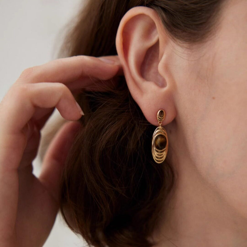 Oculus Layer Natural Tiger Eye Earrings — Ideal Elegant Gift for Mom
