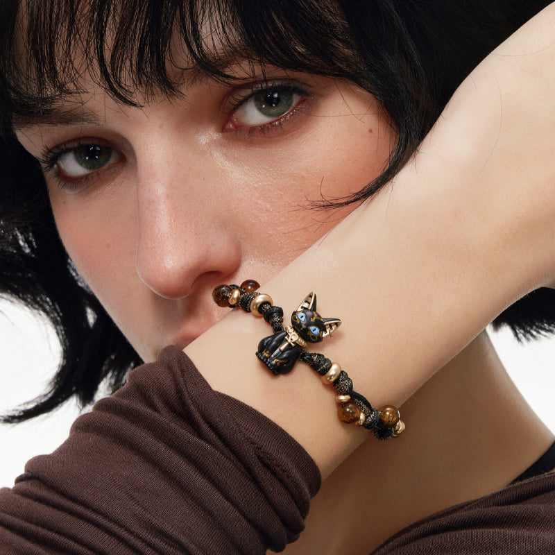 Natural Tiger Eye Stone Bracelet — Ancient Egyptian Bastet Guardian Black Cat Goddess