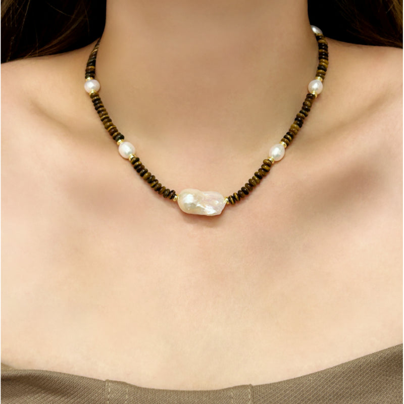 Irregular Baroque Pearl Natural Tiger Eye Stone Necklace — Gift for Mom