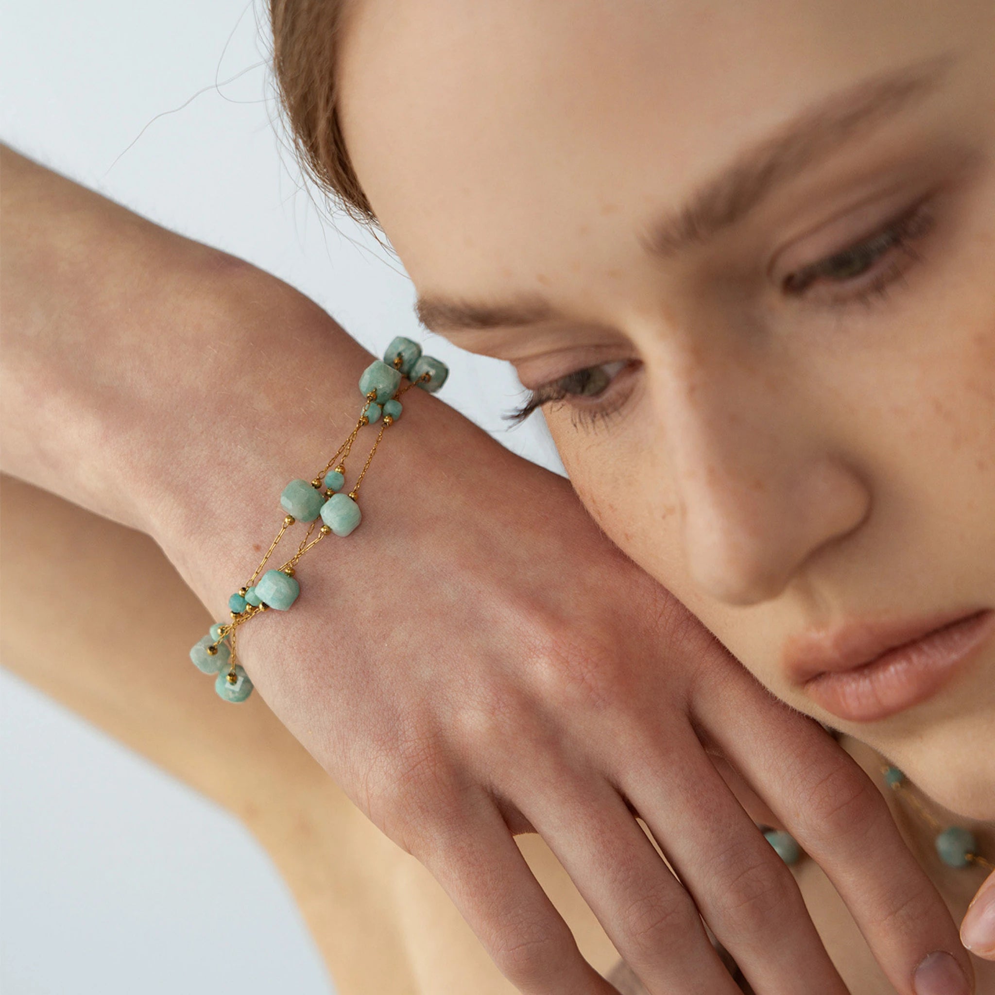 Ice-blue Amazonite Square-cut Facets Stackable Bracelet - Enhance Energy and Balance Spirit