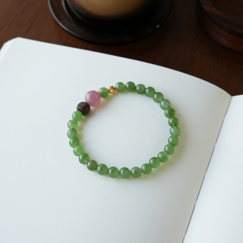 Natural Hetian Jade Bracelet - Pure Love Energy Rose Quartz Detail