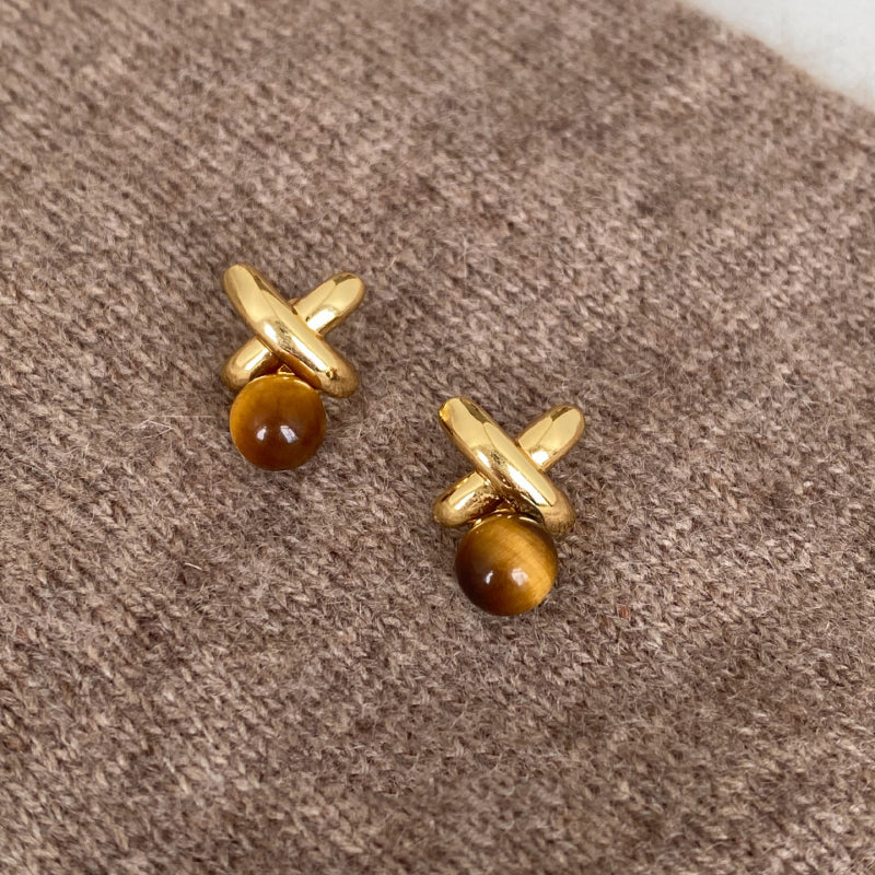 Geometric Tiger Eye Stud Earrings — Niche Maillard Crystal for Fortune