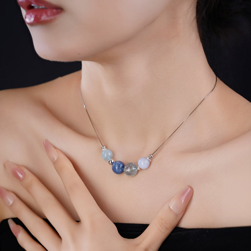 Natural Aquamarine Blue Stones Necklace - Water Element, Harmonious Energy