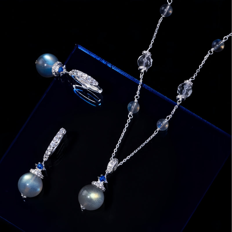 Ensemble Collier et Boucles d'Oreilles Pierre de Lune Grise & Quartz Transparent – Apaise les Émotions, Purifie l'Aura