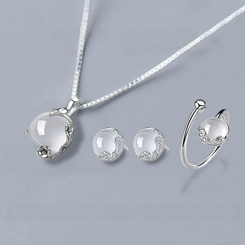Floral Silver‑Tone White Gemstone Jewelry Set - Clears Negative Energy