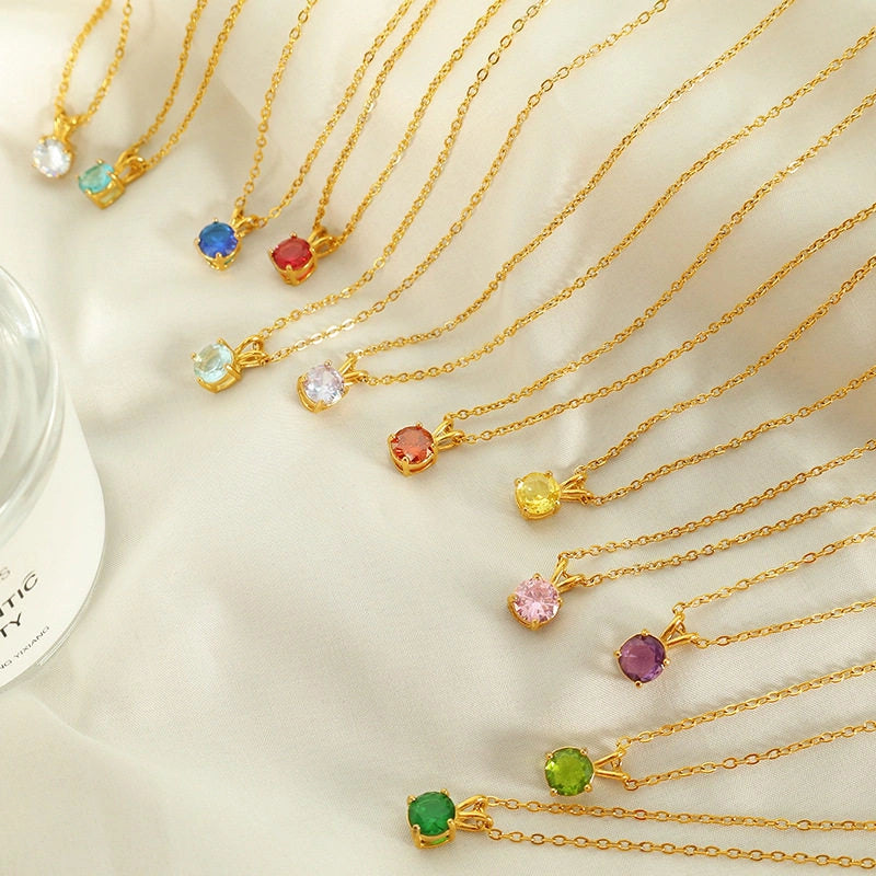 Colorful Birthstone Pendant Necklace | Dainty CZ Clavicle Chain | Perfect Birthday Gift for Women
