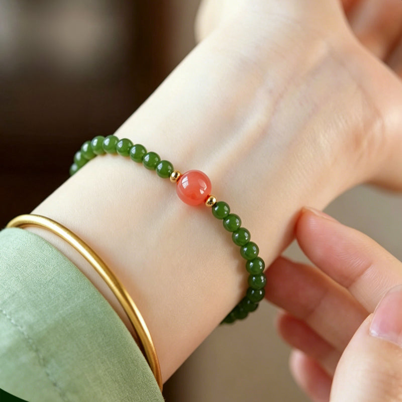 Hetian Green Jade & Ice Floating Southern Red Agate Bracelet – Soothes Emotions