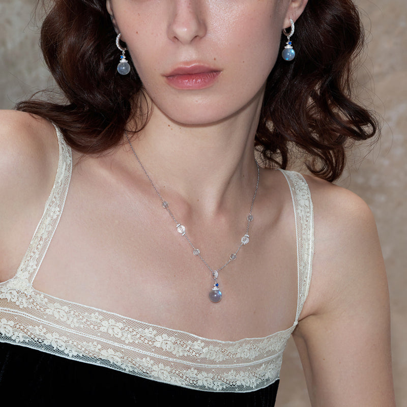 Gray Moonstone & Clear Quartz Necklace & Earrings Set – Soothe Emotions, Cleanse Aura
