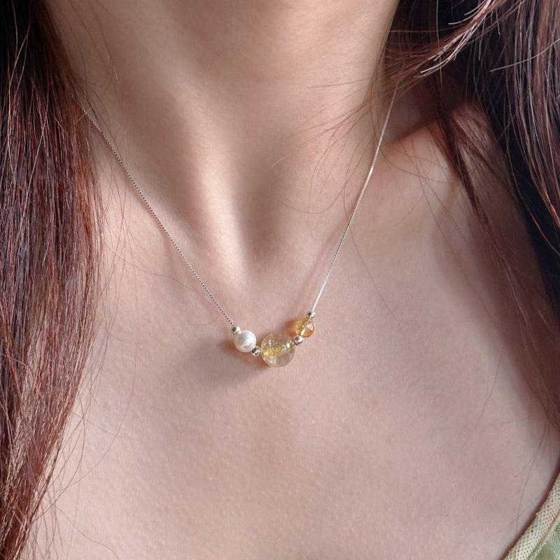 Citrine & Gold Rutilated Quartz Necklace – Attract Wealth & Career, Full Positive Energy