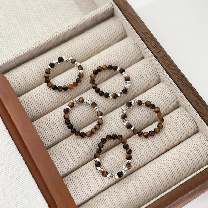 Natural Tiger Eye Stone Ring Light Luxury Beaded Women's Ring