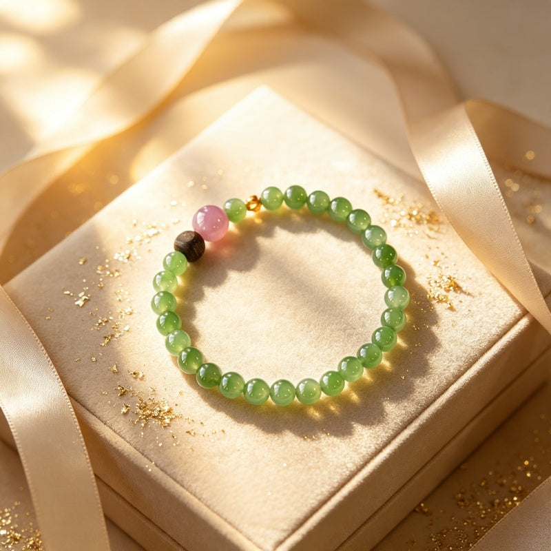 Natural Hetian Jade Bracelet - Pure Love Energy Rose Quartz Detail