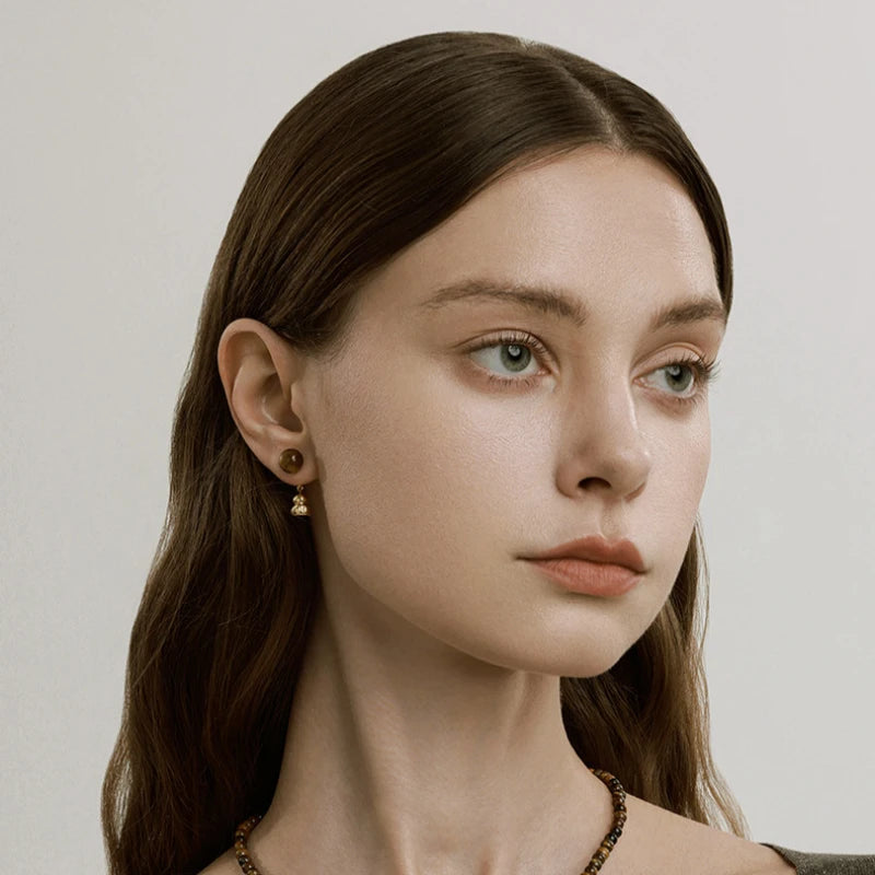 Boucles d'oreilles clous Gourde Dorée Oeil de Tigre — Bijoux Porte-Bonheur