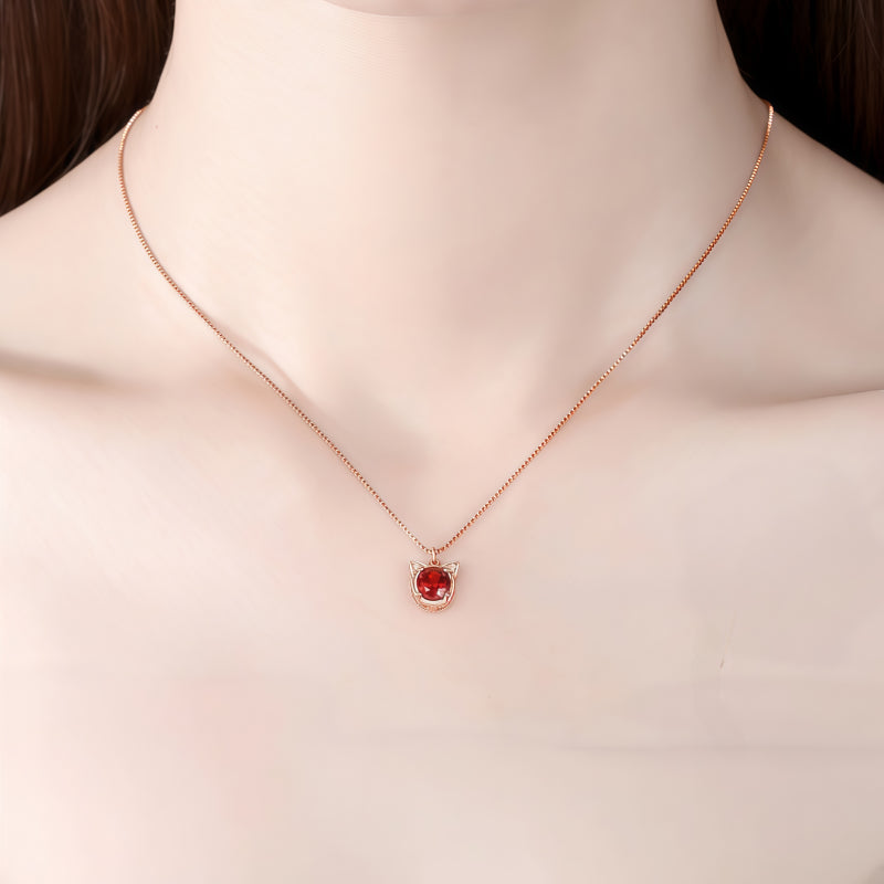 Delicate Rose Gold Cat‑Head Red Stone Complete Jewelry Set - Protection