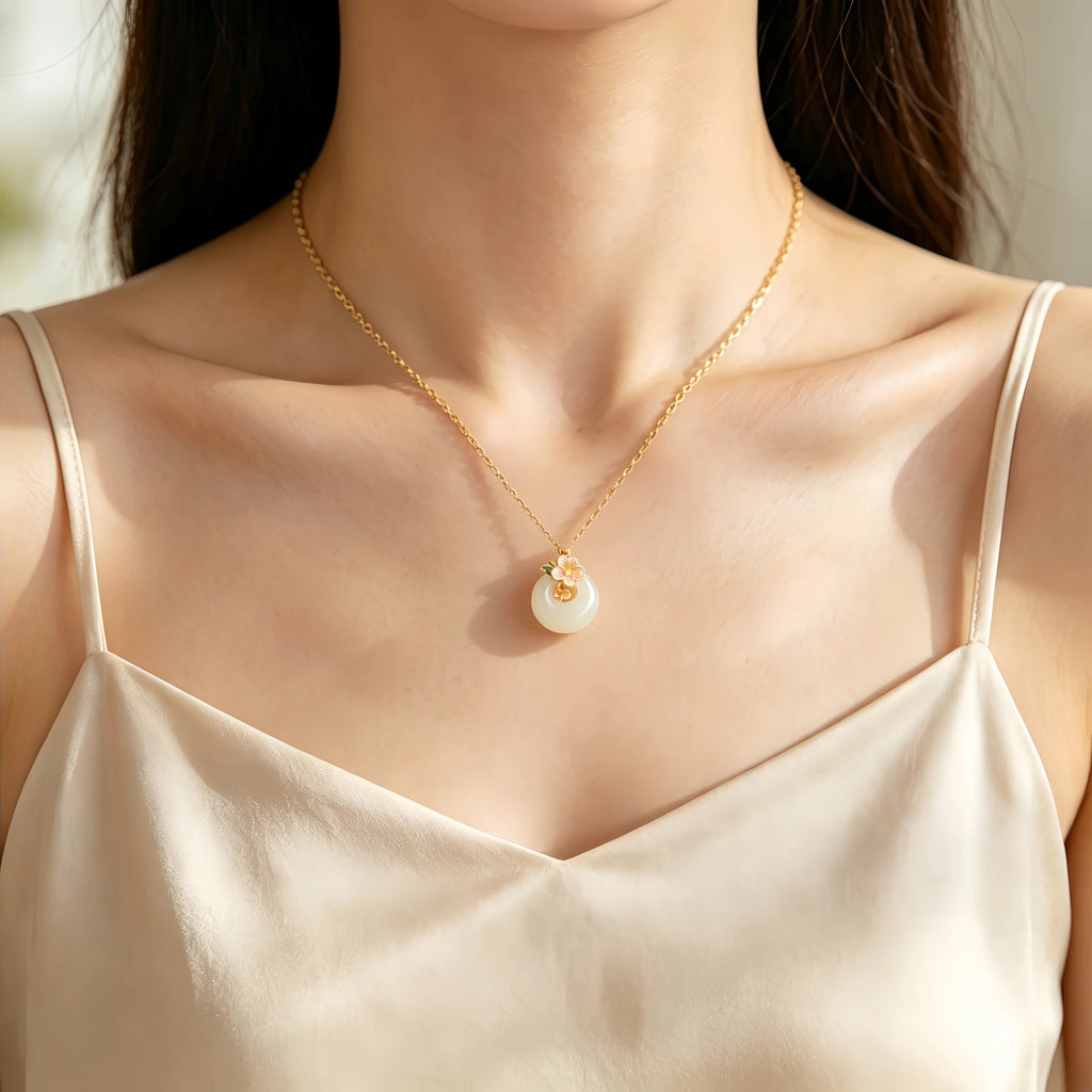 Hetian Jade Floral Donut Necklace - Peace Charm with Floral Motif