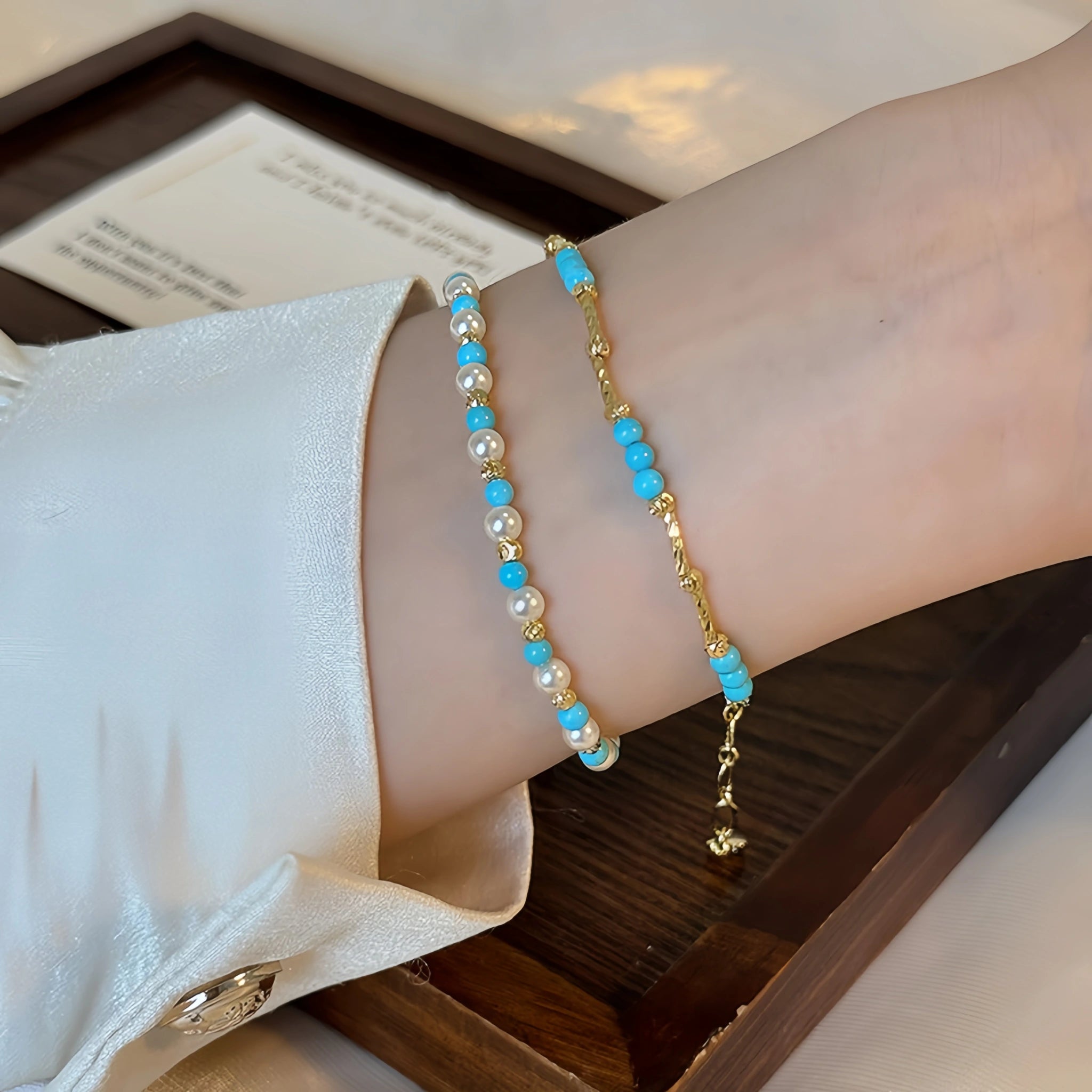 Natural Turquoise & Pearl Stackable Bracelet - Ease Stress & Vintage Elegant Vibe