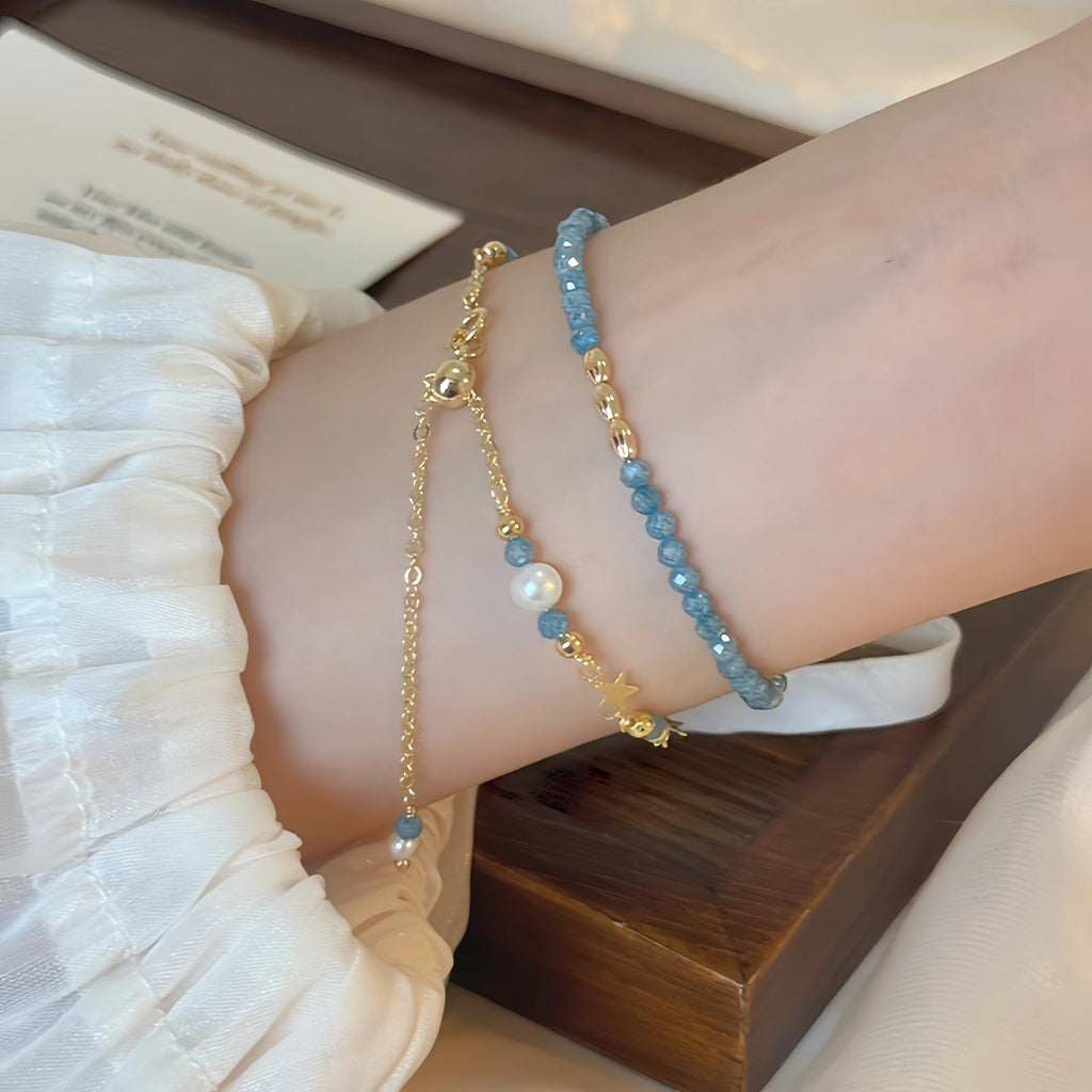 Natural Blue Apatite & Pearl Bracelet - Clear Mind & Gentle Self‑Expression