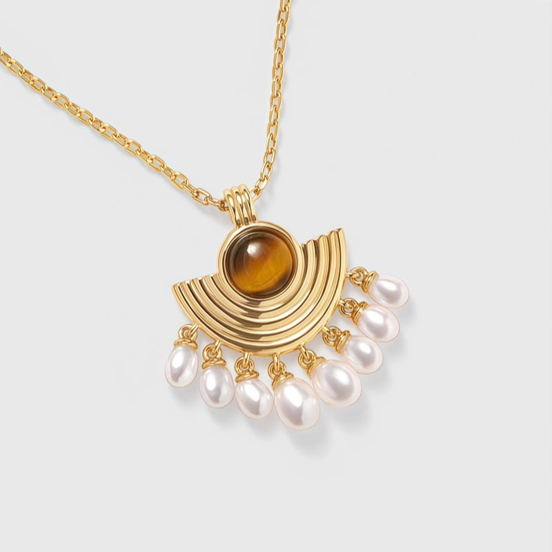 Collier en pierre œil de tigre naturelle Pendentif perle queue de paon - Succès professionnel