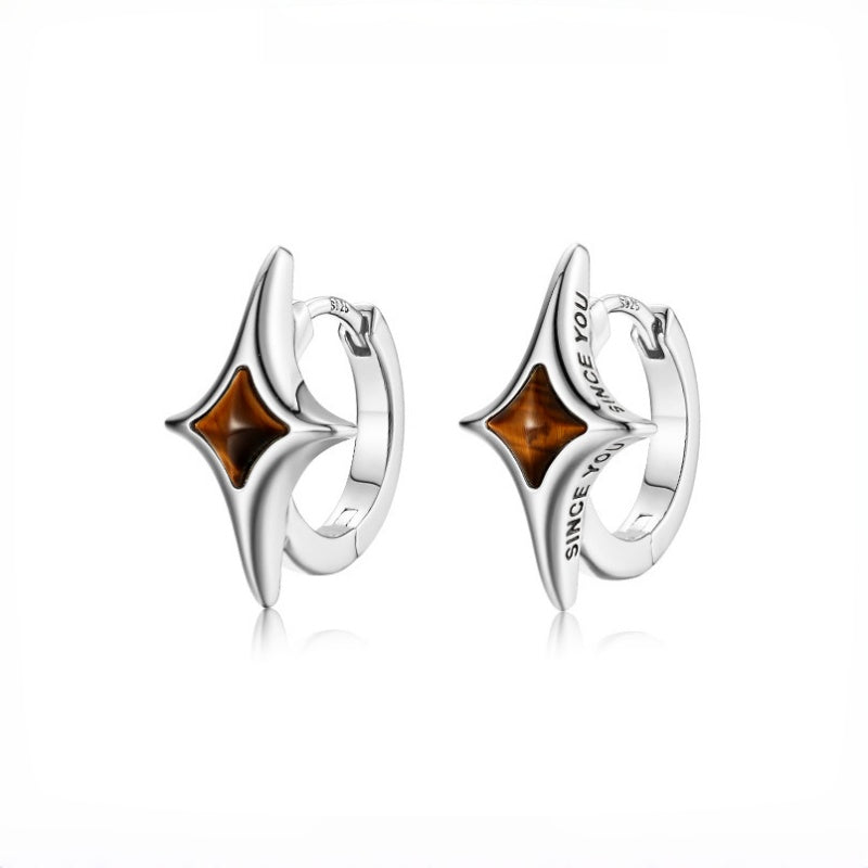 Unisex Tiger Eye Star Hoop Earrings — Minimalist Niche Crystal for Fortune & Good Luck