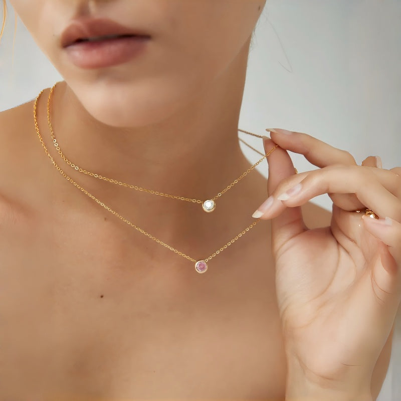 Dainty Birthstone Necklace | 925 Sterling Silver Colorful Crystal Pendant | Minimalist Clavicle Chain