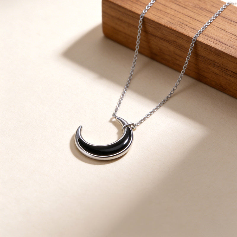 Black Agate Moon Necklace - Carrier of Good Wishes