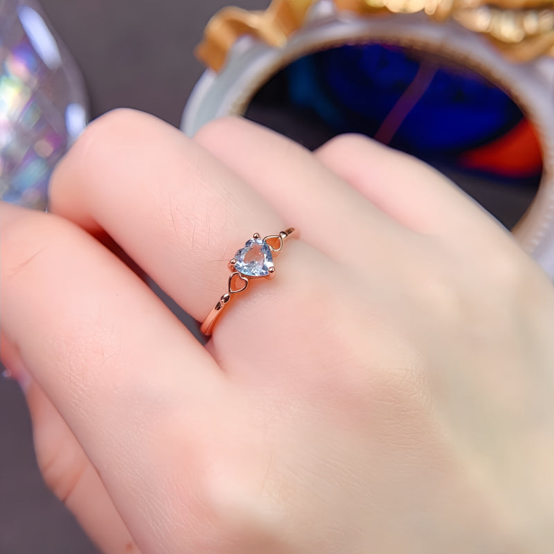 Bague Cœur en Aigue-marine Pierre de Naissance – Courage, Paix et Purificateur d'Énergie Négative