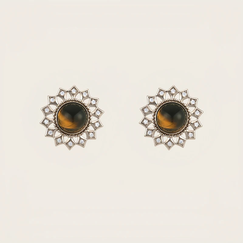 Boucles d'oreilles clous tournesol œil de tigre — Cristal rétro de niche pour la fortune et le succès