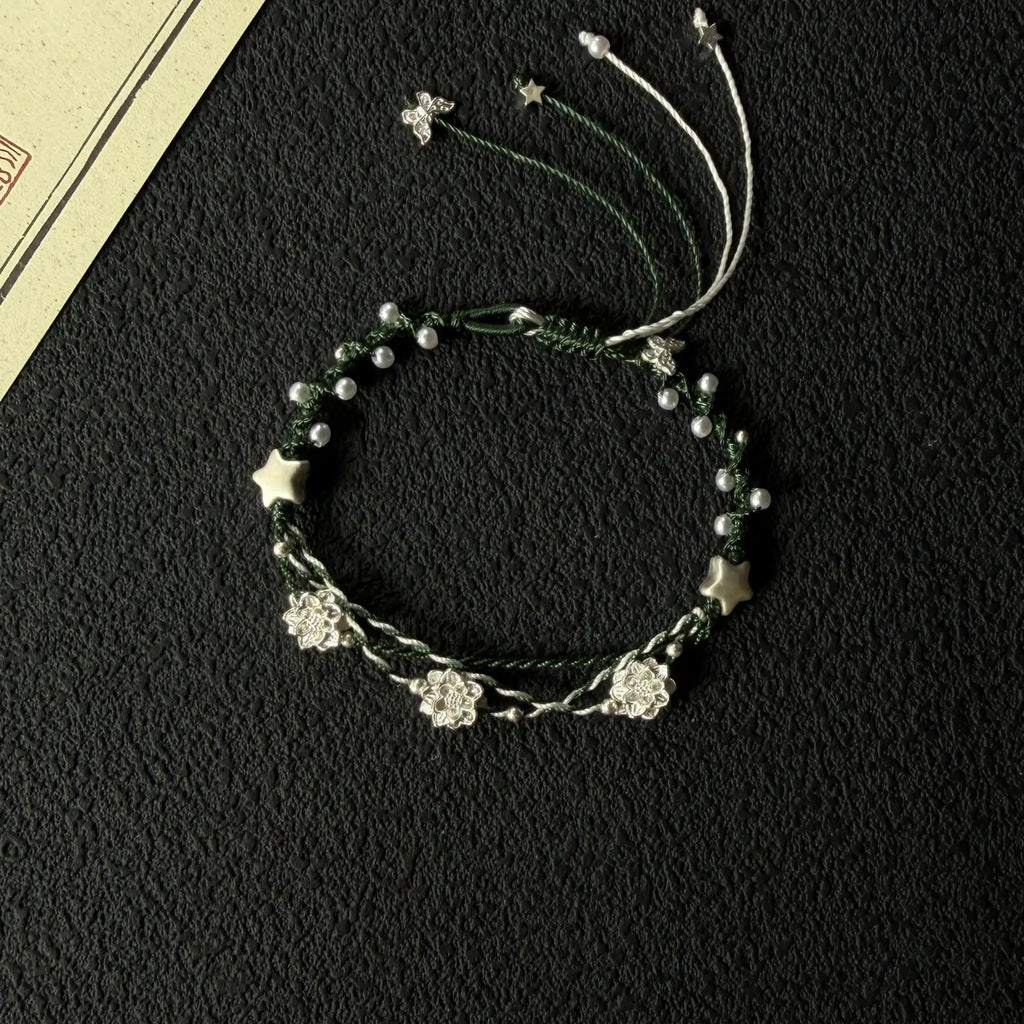 S999 Fine Silver Lotus Hand Braided Blue & Green Bracelet - Peace & Purification Energy