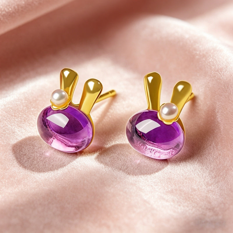Golden Bunny Amethyst Earrings
