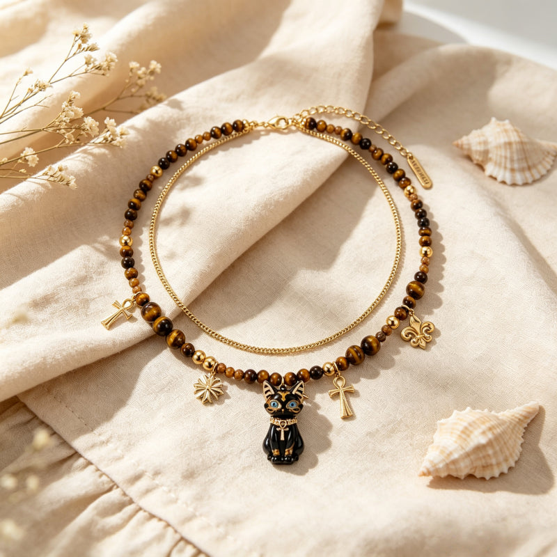 Natural Tiger Eye Stone Necklace — Double-Layer Ancient Egyptian Bastet Cat Goddess Protection