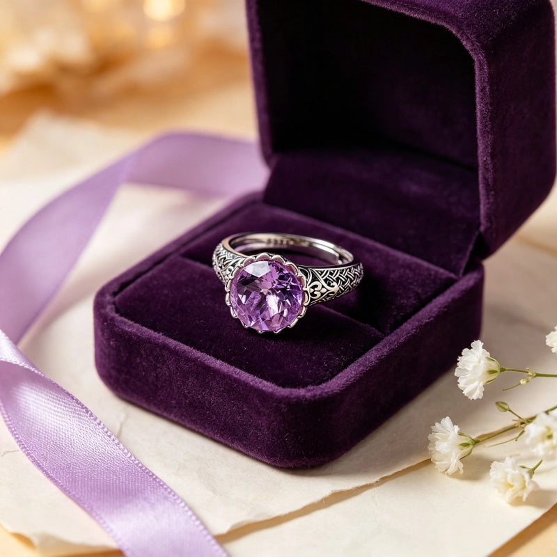 Bague Lotus en Améthyste Naturelle – Design Vintage en Argent Sterling 925