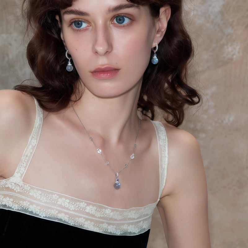 Gray Moonstone & Clear Quartz Necklace & Earrings Set – Soothe Emotions, Cleanse Aura