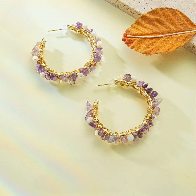 Natural Amethyst & Pearl Necklace/Earrings Jewelry Set - Gentle Emotional Healing