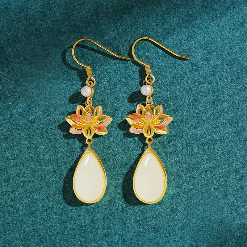 Natural Hetian Jade Lotus Earrings - Calm & Inner Peace