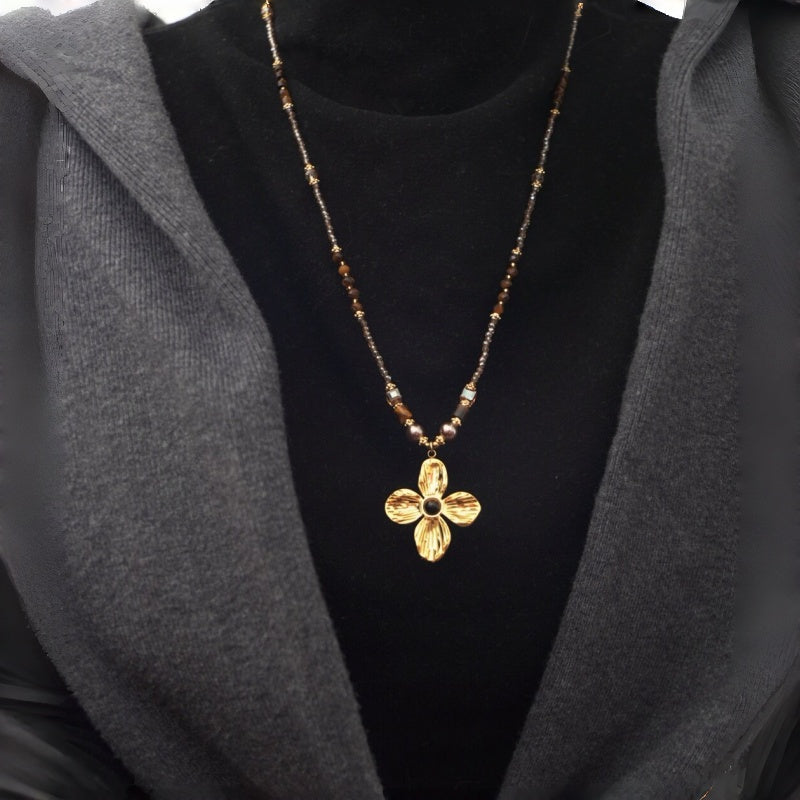Natural Tiger Eye Stone Necklace, Lucky Four-Leaf Clover Long Sweater