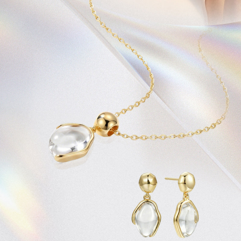 Natural Clear Quartz Gold Necklace & Earrings - Balance Your Energy