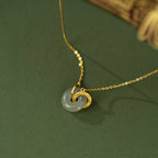 Interlocking Jade Ping An Lock Necklace, Oriental Peace Symbol Jewelry