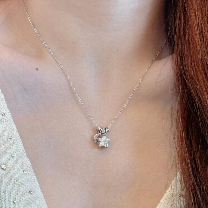 Moon&Star Natural Citrine/Clear Quartz Necklace - Attracts Wealth, Purifies Aura
