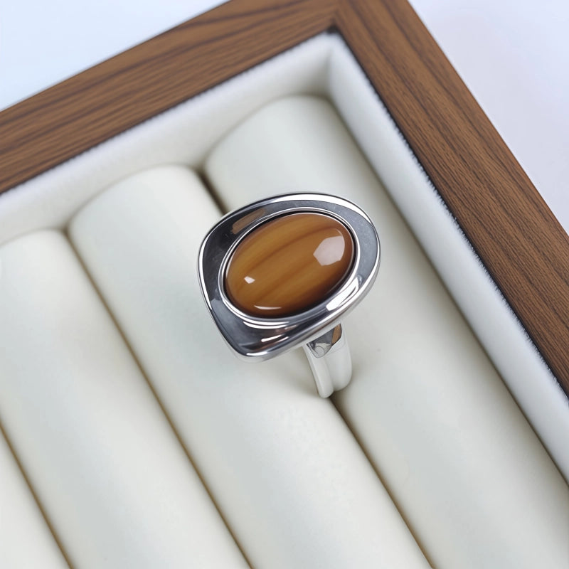 Natural Tiger Eye Stone Ring With Ribbed Star Core Light Luxury Women's Ring