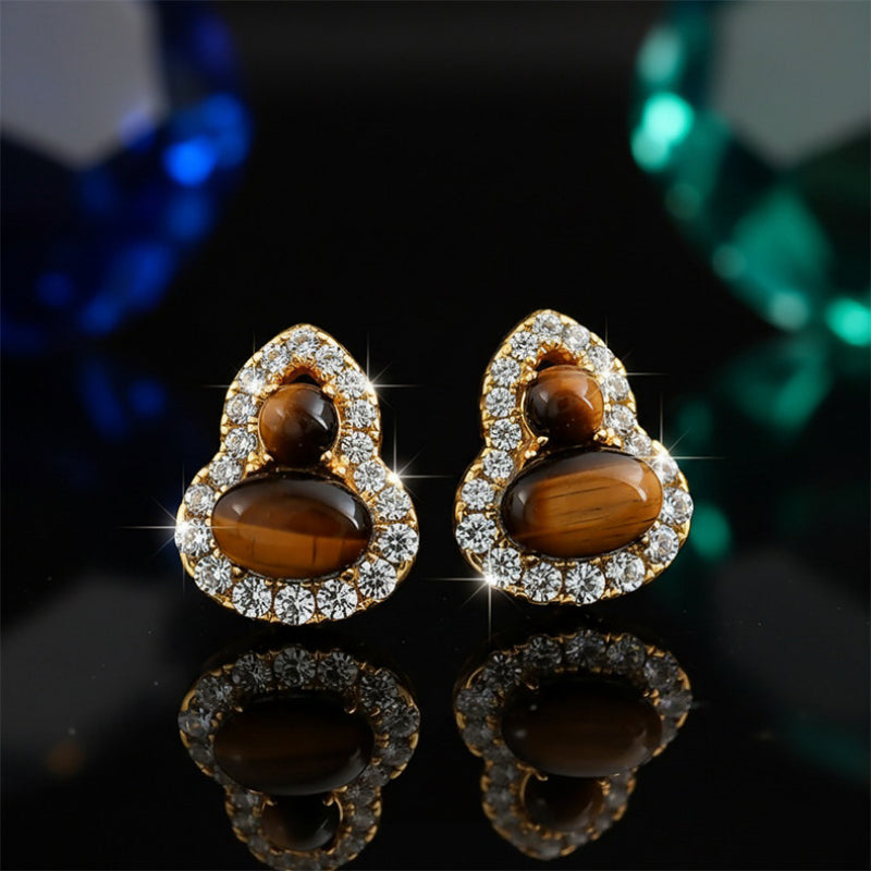 Maillard Golden Tiger Eye Gourd Silver Studs — Fortune Crystal Earrings & Ring Set