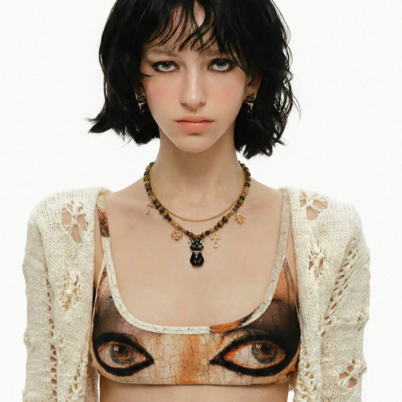 Natural Tiger Eye Stone Necklace — Double-Layer Ancient Egyptian Bastet Cat Goddess Protection