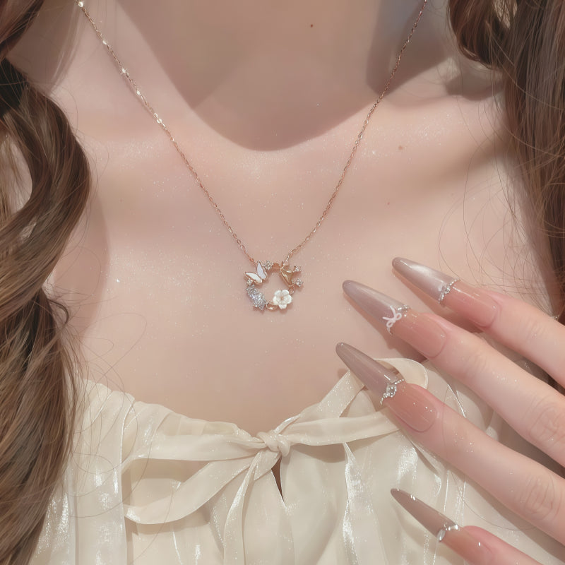Rose Gold Crown Butterfly Necklace/Bracelet Jewelry Set - Joy and Good Fortune