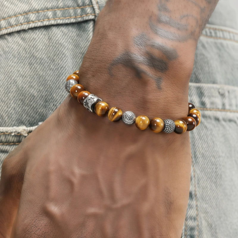 Natural Tiger Eye Stone Bracelet Trendy Steel Ball Versatile Men's Bracelet