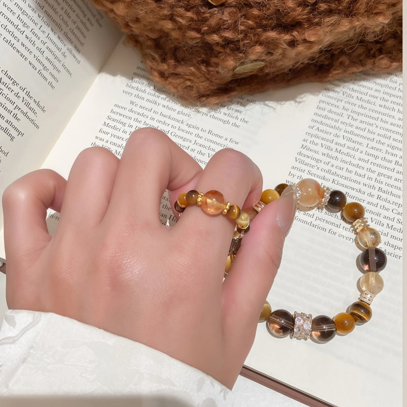 Natural Tiger Eye Stone Ring for Wealth Transfer and Crystal Bead Ring