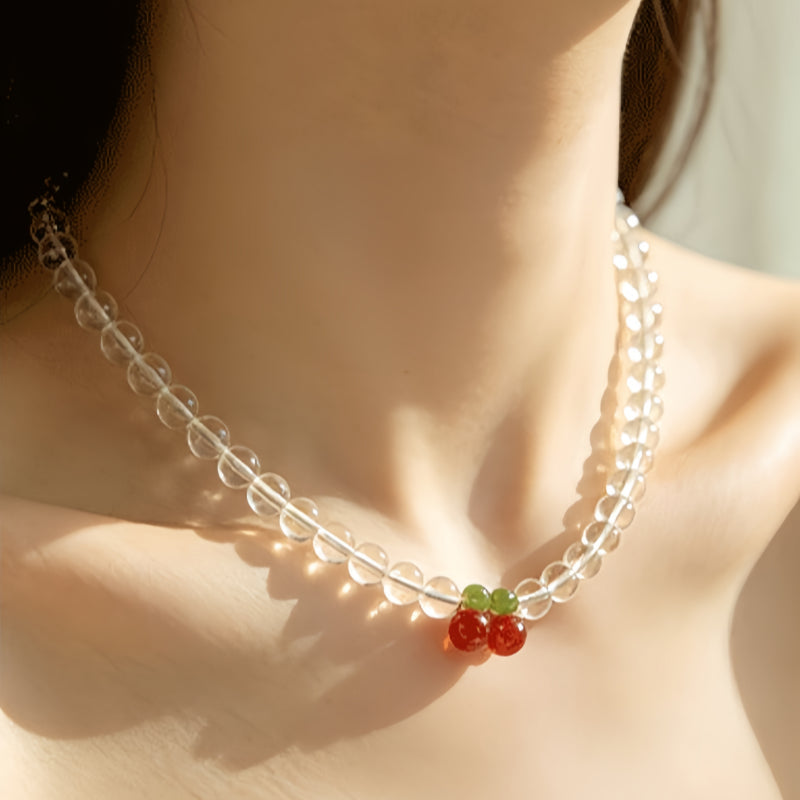 Natural White Crystal Cherry Bracelet Necklace Set – Soothe Emotions, Cleanse Aura