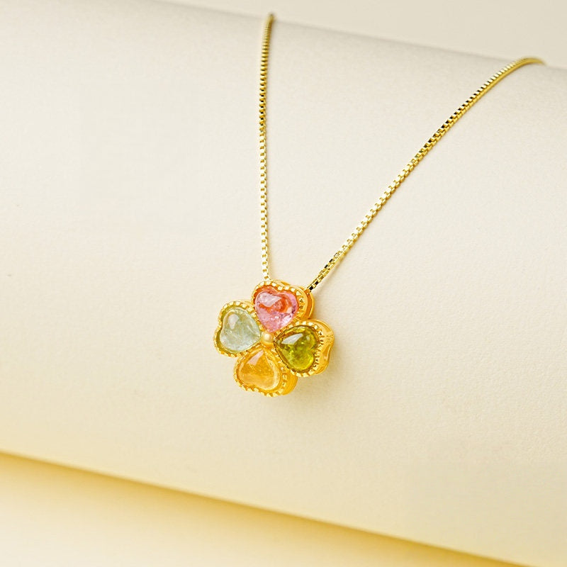 Collier trèfle à quatre feuilles et tourmaline multicolore – Cadeau d'anniversaire et de remise de diplôme pour meilleure amie