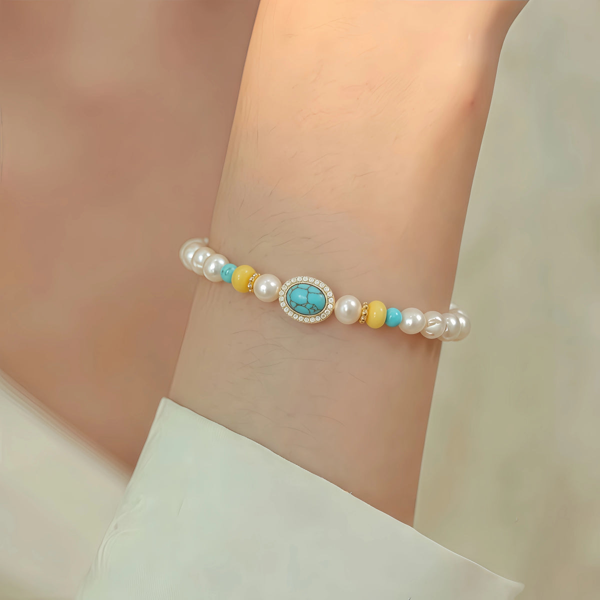 Oriental Aesthetic Turquoise Red Agate Pearl Stack Bracelet - Peace & Blessing